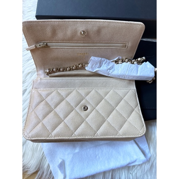 NEW NIB CHANEL Iridescent Beige Caviar Classic WOC Wallet On Chain Gold Hardware - Picture 7 of 12
